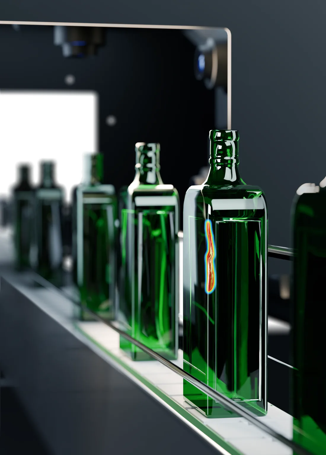 Grüne Glasflaschen auf dem Förderband in der nScan-Prüfstation, ein Fehler in der Seitenwand ist per Heatmap markiert