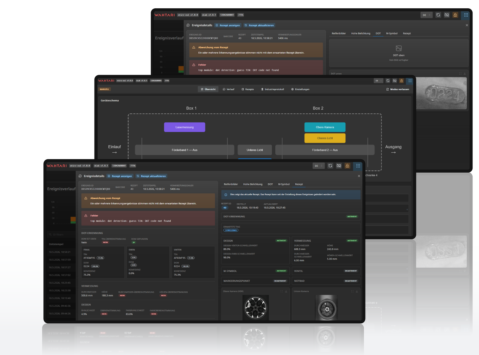 Wahtari nTire Software-Interface: Benutzeroberflächen der automatischen Reifenprüfung mit DOT-Erkennung und Echtzeit-Visualisierung