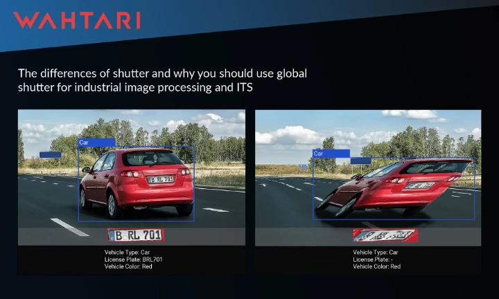 Vergleich der Kennzeichenerkennung: Scharfes Bild mit Global Shutter vs. verzerrtes Kennzeichen durch Rolling Shutter Effekt.