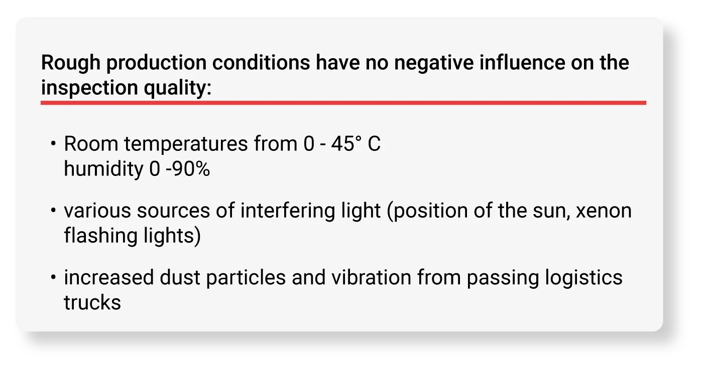 Übersicht der Umgebungsbedingungen für die nLine Kabelinspektion: Resistent gegen Staub, Vibrationen, Fremdlicht und Temperaturen bis 45 Grad Celsius.